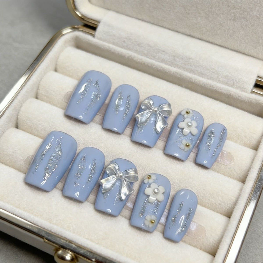 Blue Blossom Bow Press-On Nails 004